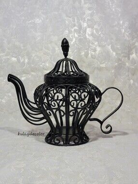 Filigree Style Wrought Iron Teapot Lantern Candle Holder Black Scroll Home Decor